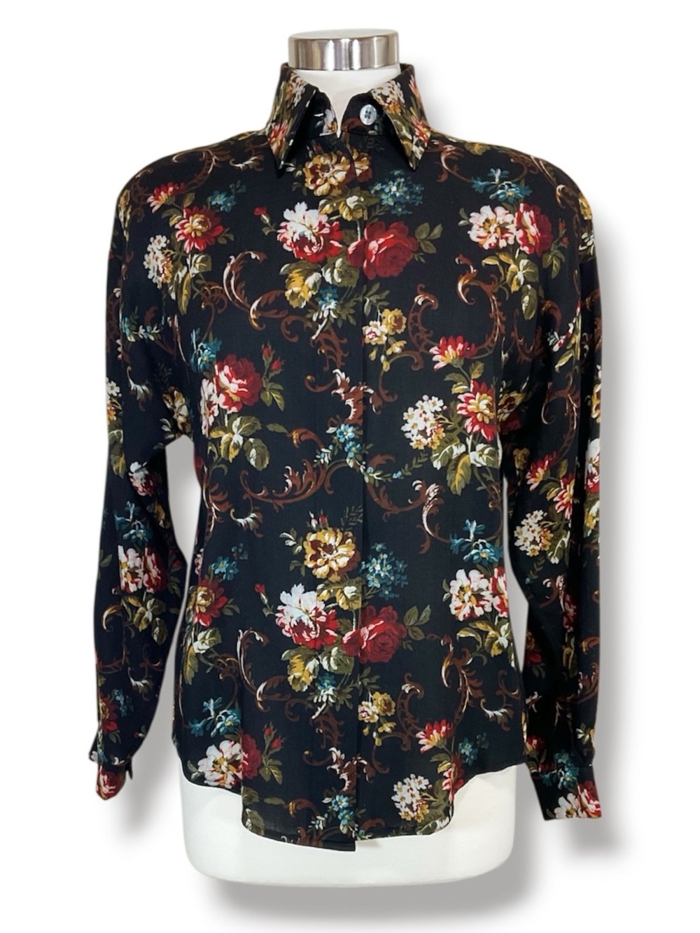 Classiques Entier Vintage Wool Dark Floral Long-Sleeve Button-Up Blouse Shirt